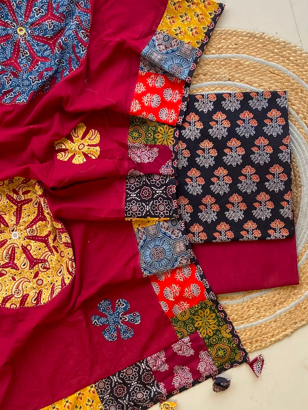 Pure Cotton Azrakh Print Unstitched Suit With Applique Work Dupatta