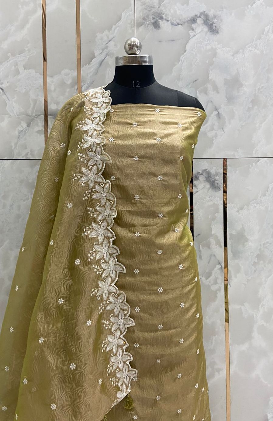 Banarasi Tissue Silk Embroidery Unstitched Suit with Tissue Crush Embroidery Dupatta.