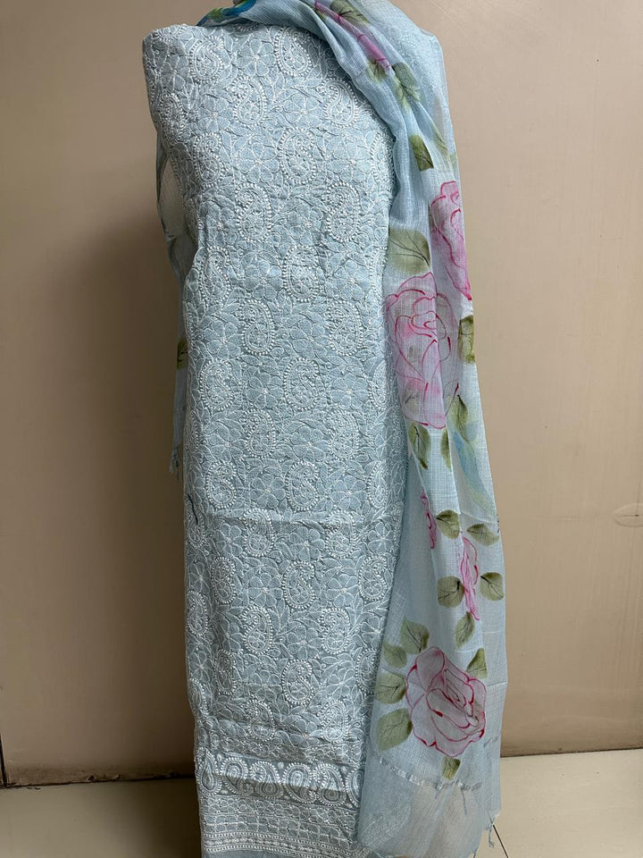 Pure Cotton Chikankari Work Unstitched Suit With Hand Print Kota Doriya Dupatta.