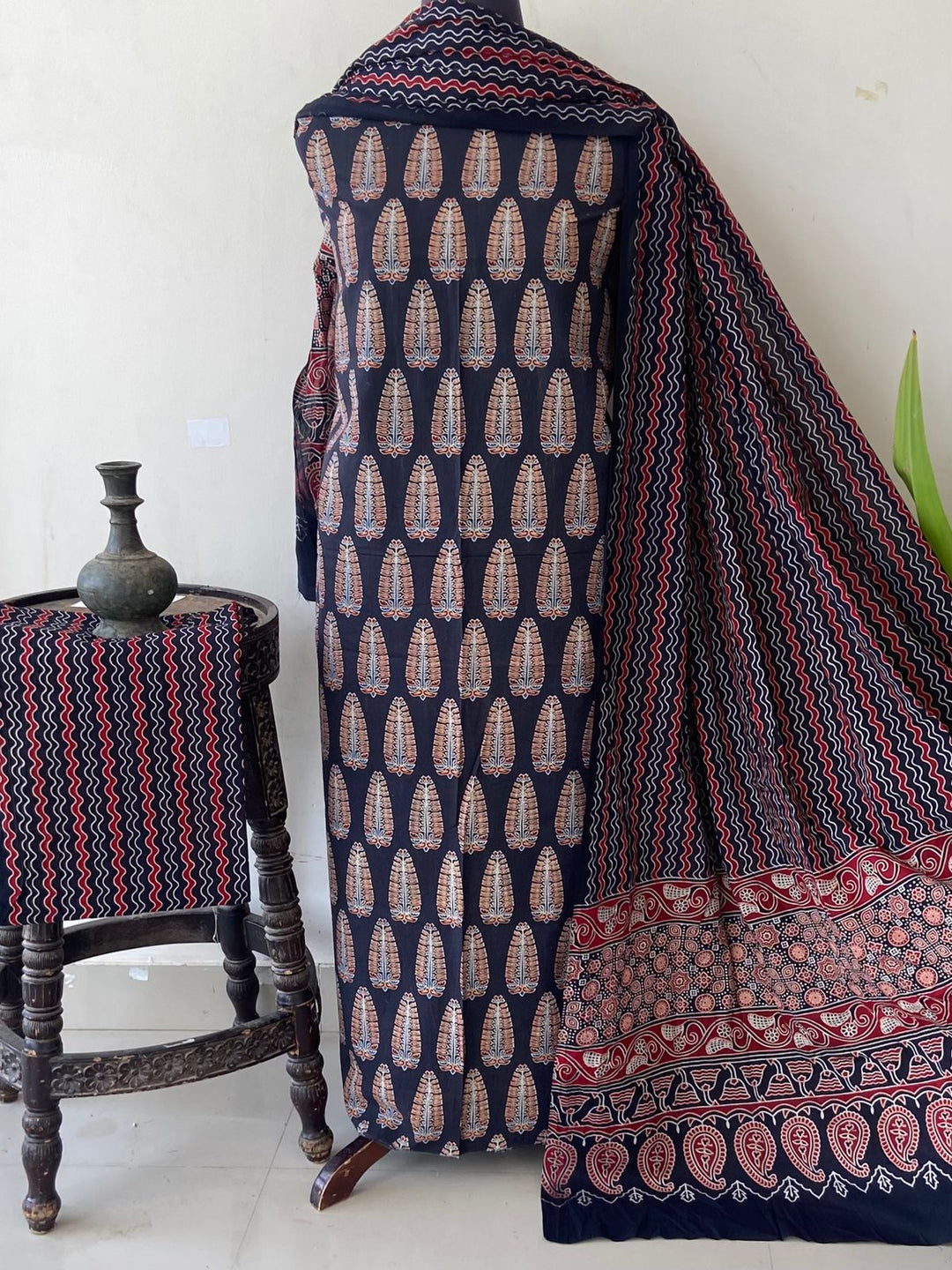 Pure Cotton Azrakh Print Unstitched Suit With  cotton Duppatta
