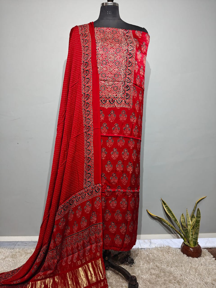 Pure Modal Silk Ajrakh Hend Block Zari Pallu Weaved 3pc Unstitched Suit