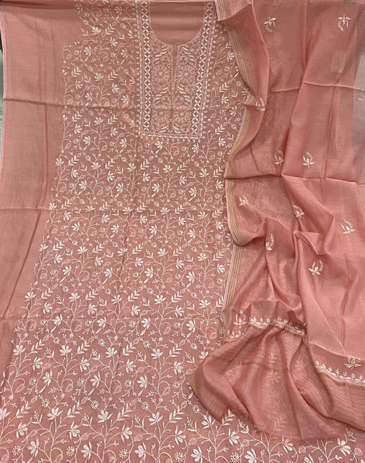 Pure Mul Mul Chanderi Hand Embroidery Unstitched Suit.