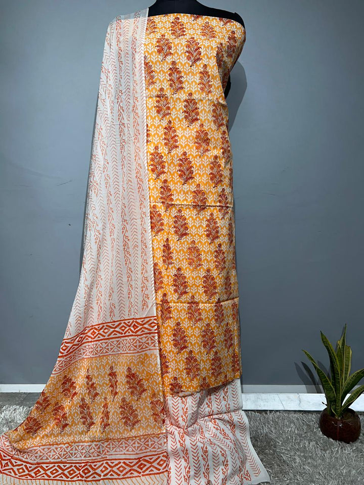 Pure Cotton Hand Block Print Unstitched Suit With Cotton Dupatta