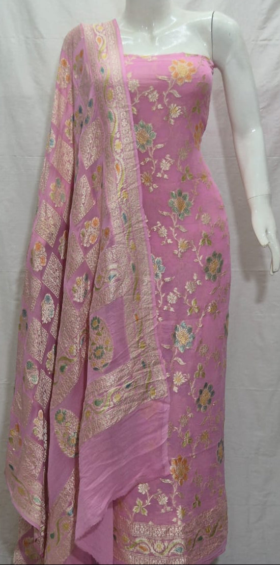 Pure Khaddi Chiffon Unstitched Suit With Water Zari Work.