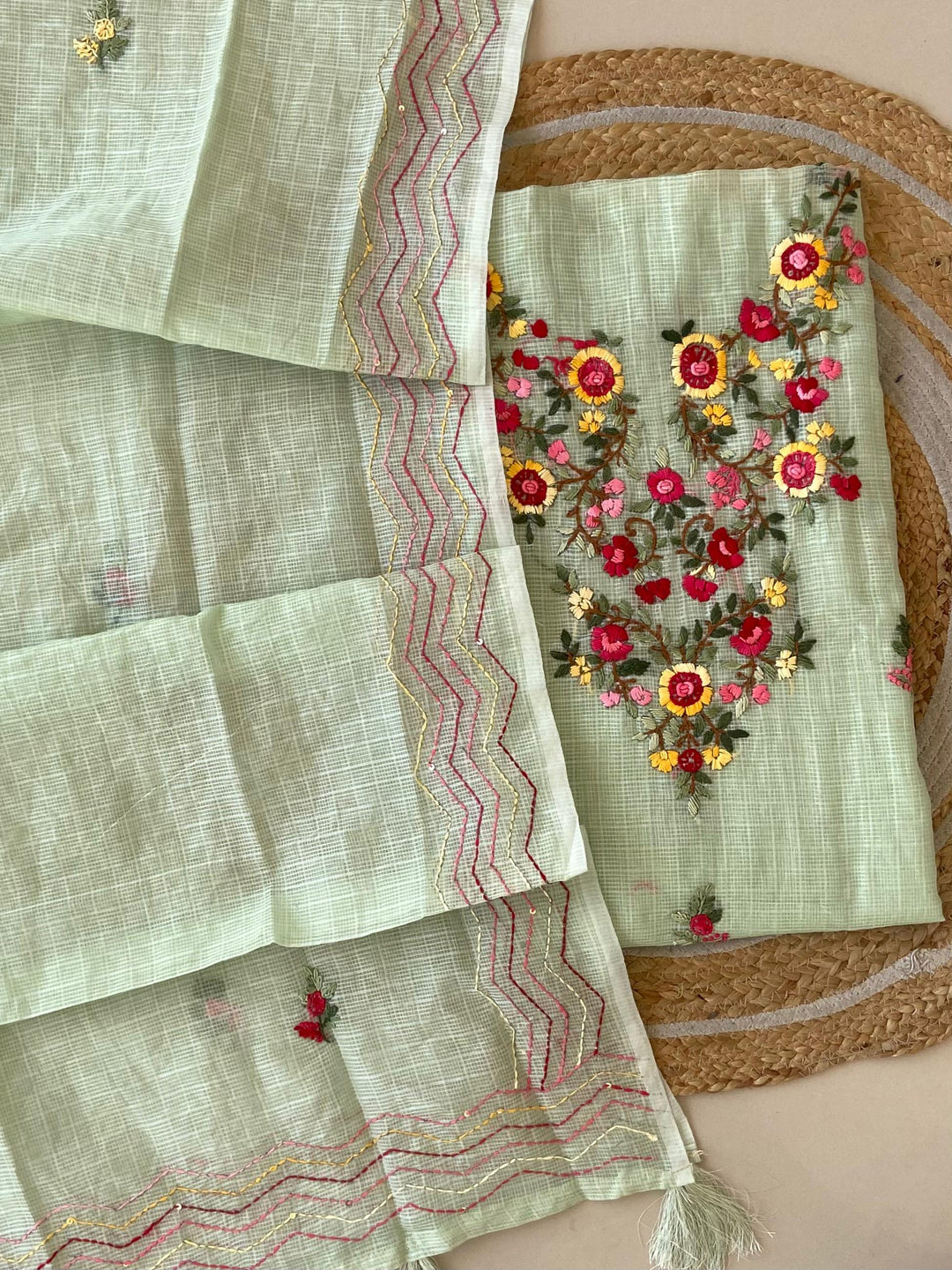 Pure Kota Doriya Silk Kurta And Dupatta With Neck Hand Work Emobroidery Unstitched Suit