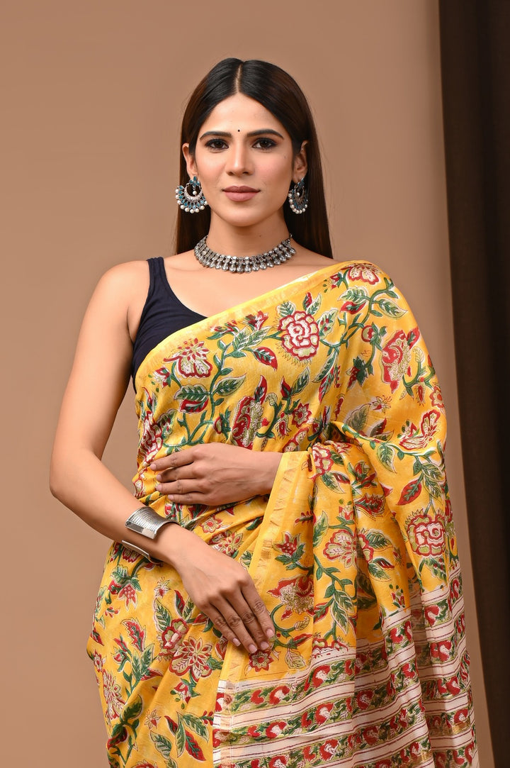 Hand Block Print Pure Chanderi Saree With Blouse