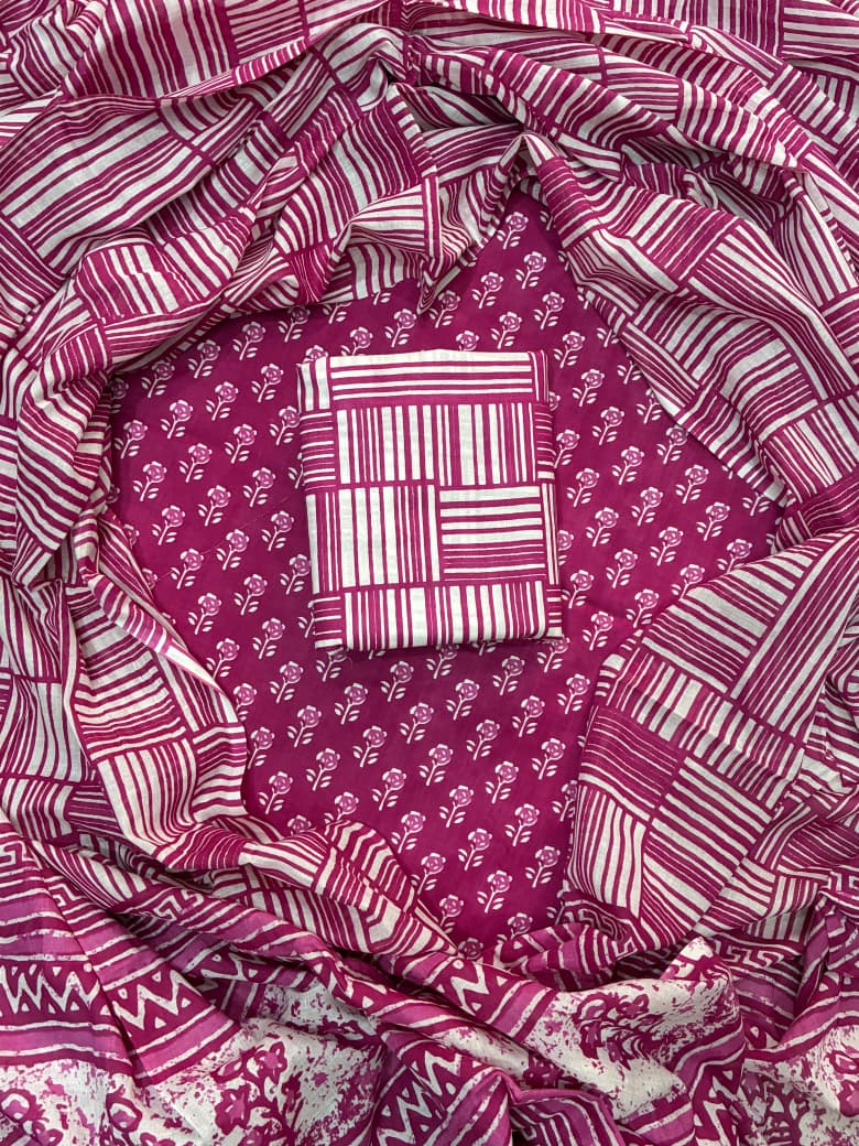 Pure Cotton Hand Block Print Unstitched Suit With Cotton Dupatta
