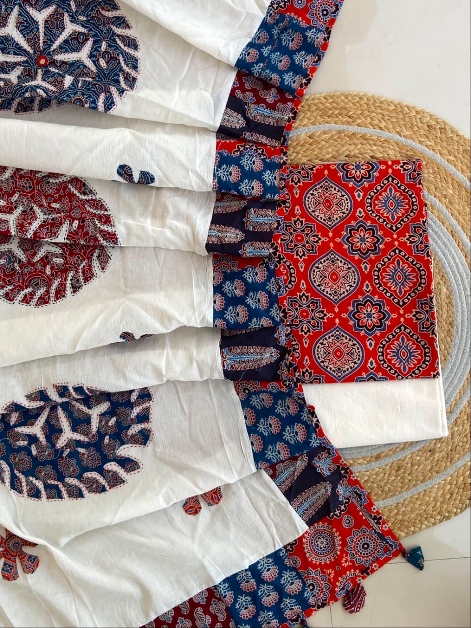 Pure Cotton Azrakh Print Unstitched Suit With Applique Work Dupatta