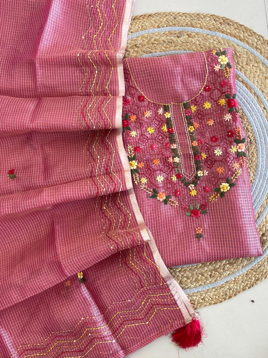 Pure Kota Doriya Silk Kurta And Dupatta With Neck Hand Work Emobroidery Unstitched Suit