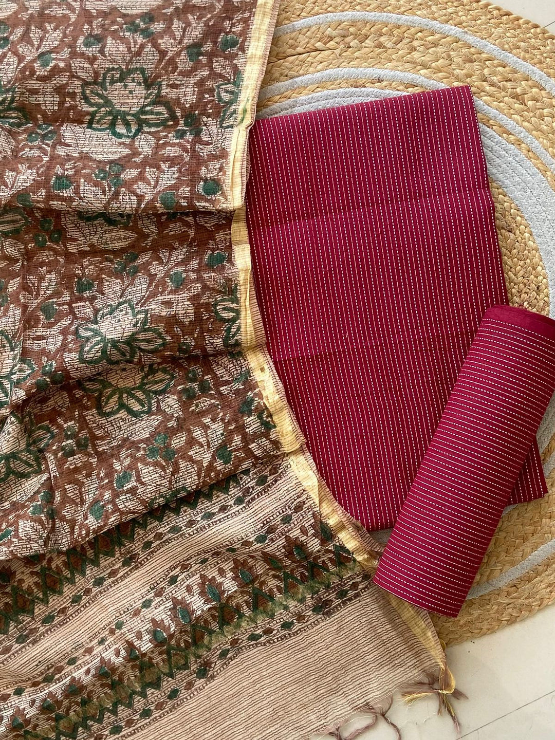 Kantha cotton kurta and bottom with kota doriya handblock print dupatta