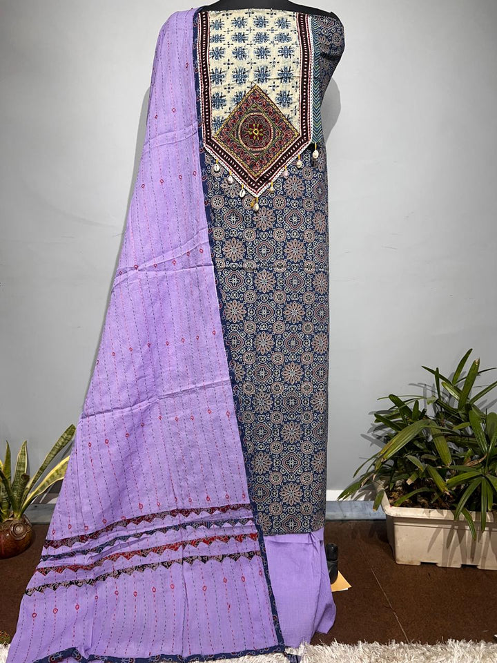 Pure Cotton Azrakh Print Unstitched suit With Dupatta.