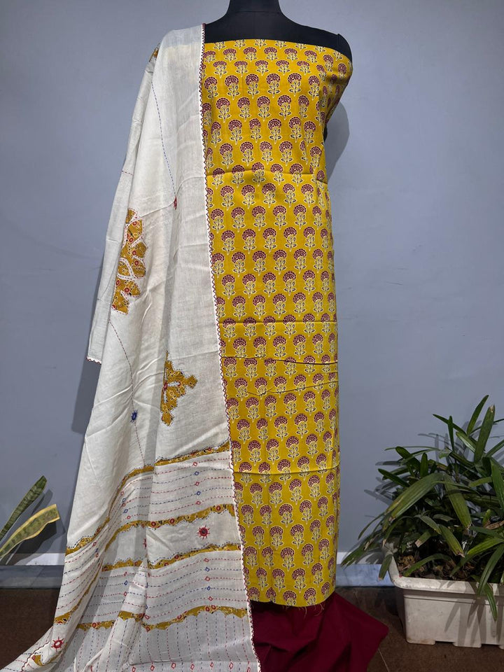 Pure Cotton Azrakh Print Unstitched suit With katha work Dupatta