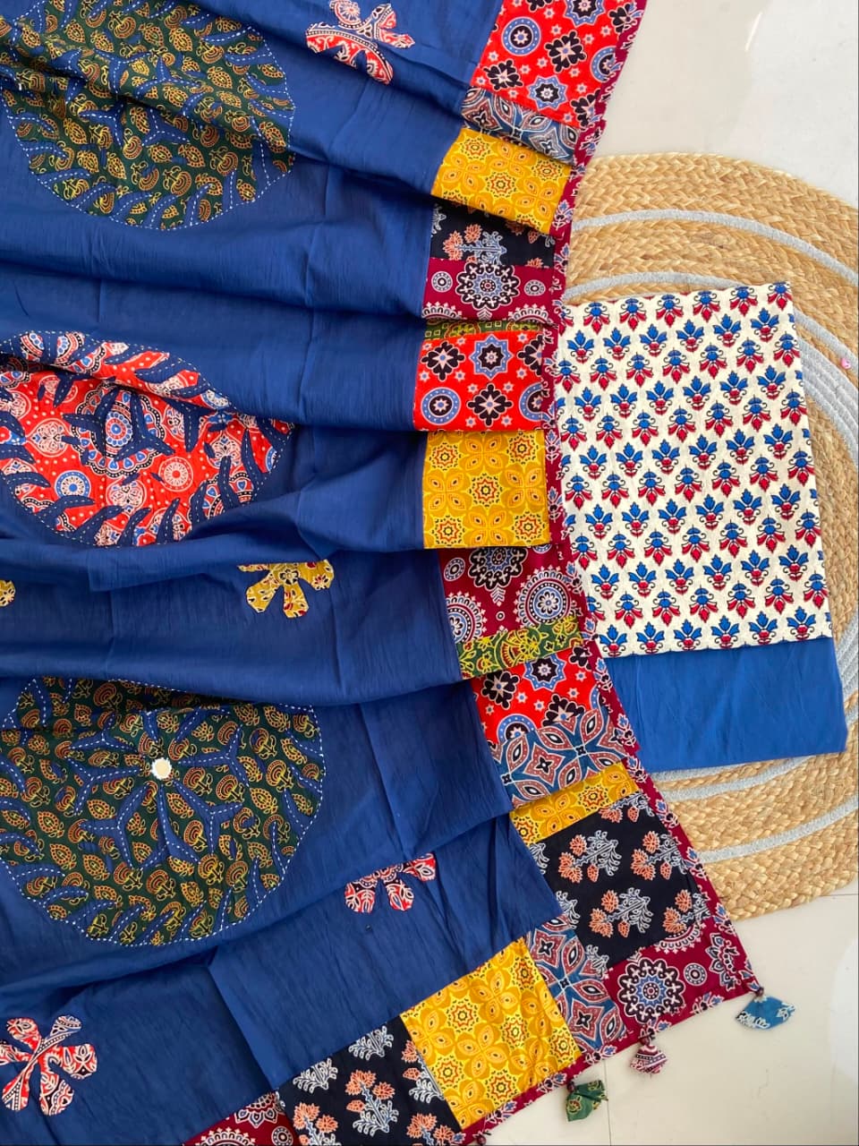 Pure Cotton Azrakh Print Unstitched Suit With Applique Work Dupatta