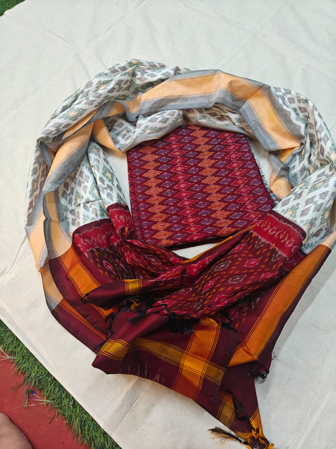 Pure Ikkat Sico Silk Unstitched Suit.