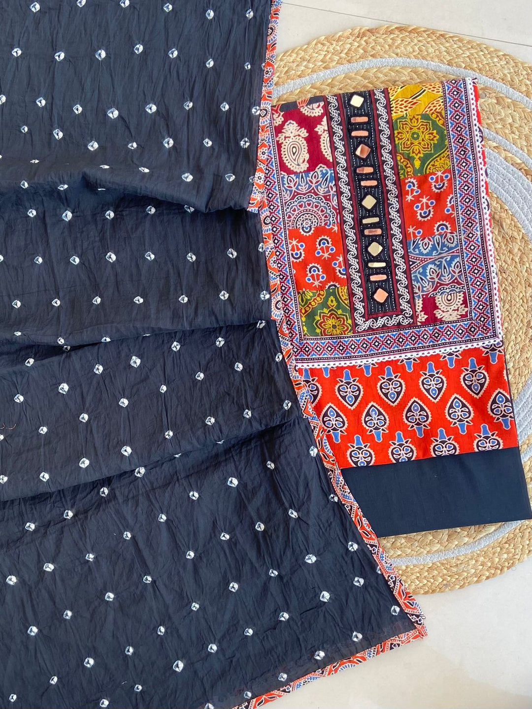 Pure Cotton Azrakh Print Unstitched Suit With Heavy Mirror Work