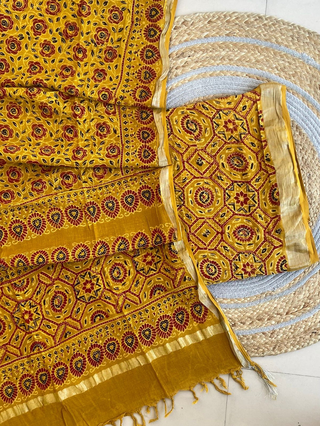 Exclusive Azrakh Hand block Pure Cotton Linen 2-Piece Unstitched Suit  With Dupatta