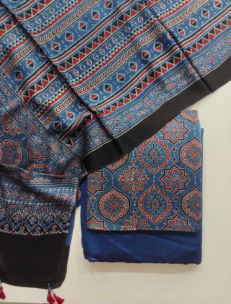 Pure Modal Silk Ajrakh Hand Block  3pc Unstitched Suit