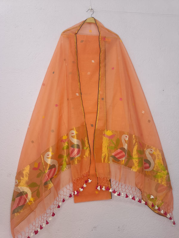 Pure Maslin Jamdani Weaved unstitched suit With Paithani Work .