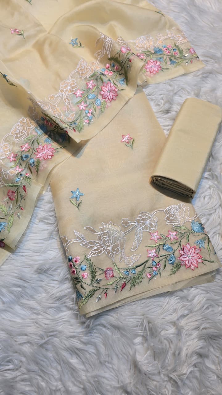 Pure Banarasi Organza Silk Applique Work Unstitched Suit.