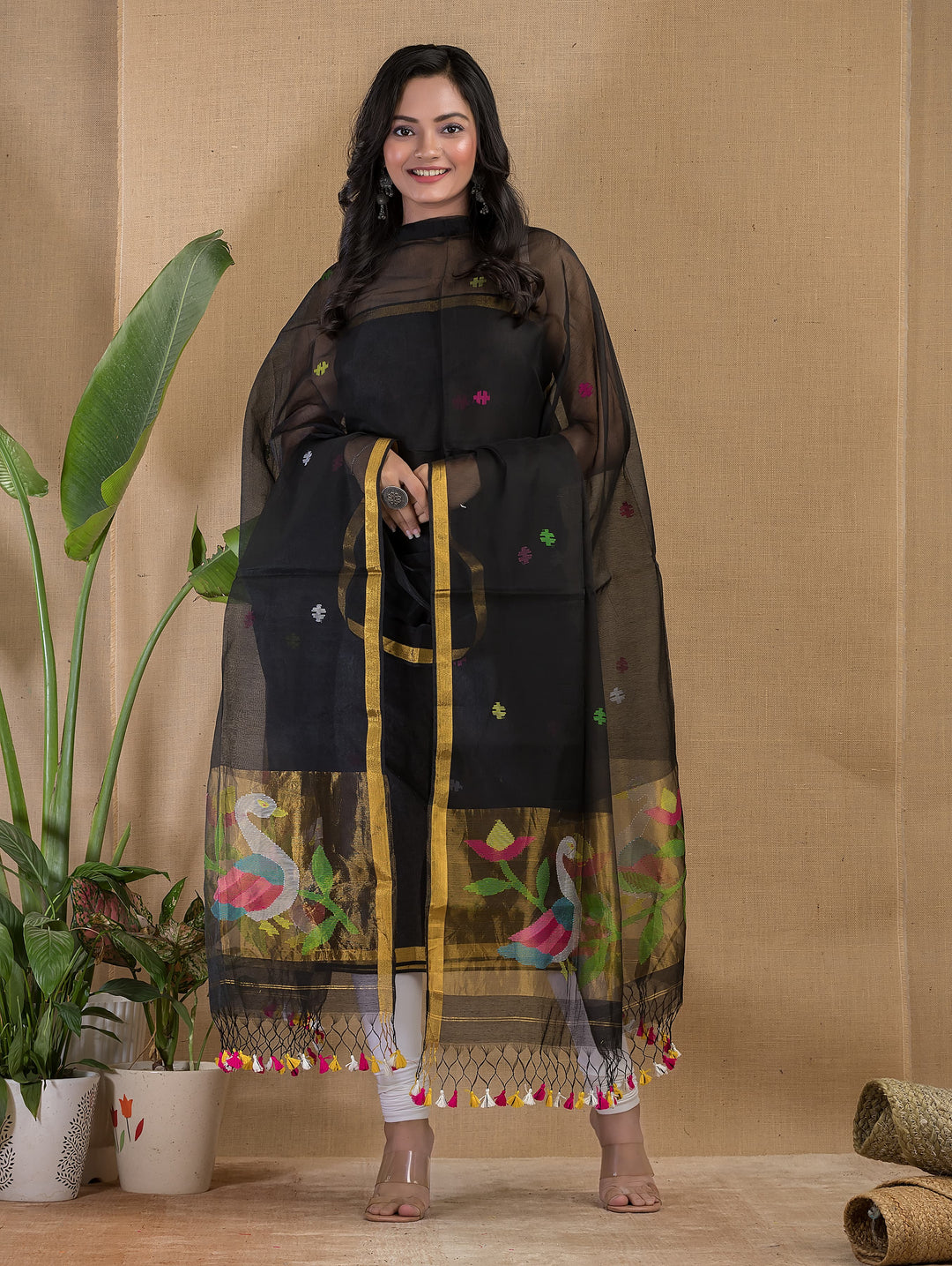 Pure Maslin silk 2PC Jamdani Handwork Unstitched Suit .