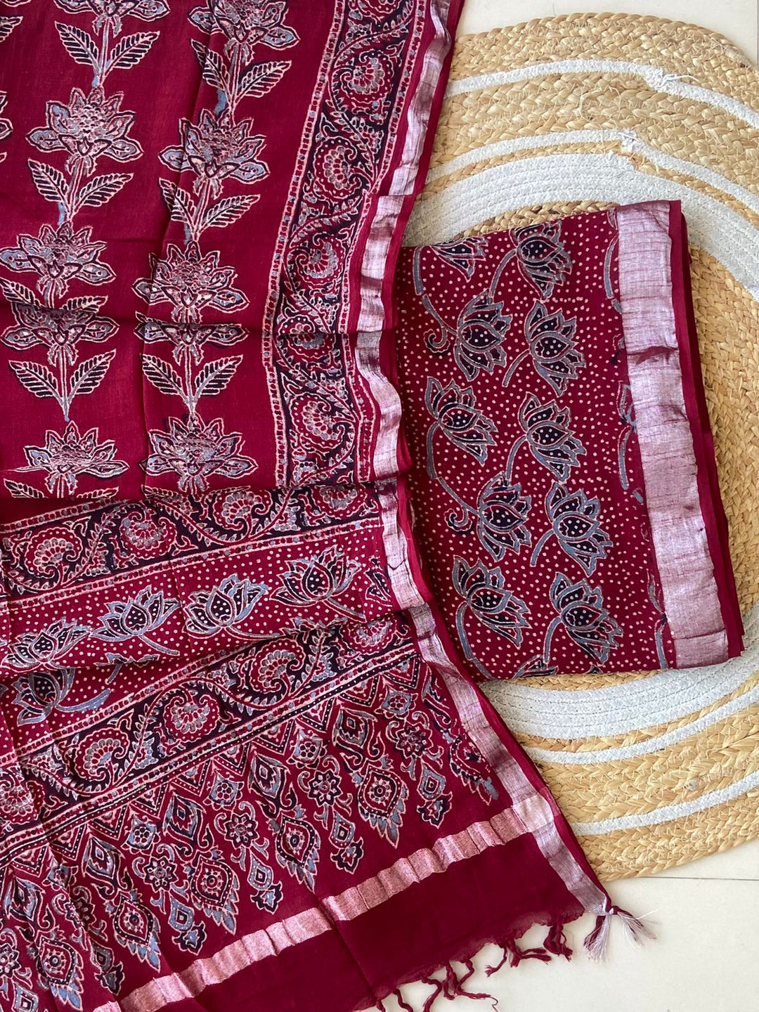 Exclusive Azrakh Hand block Pure Cotton Linen 2-Piece Unstitched Suit  With Dupatta