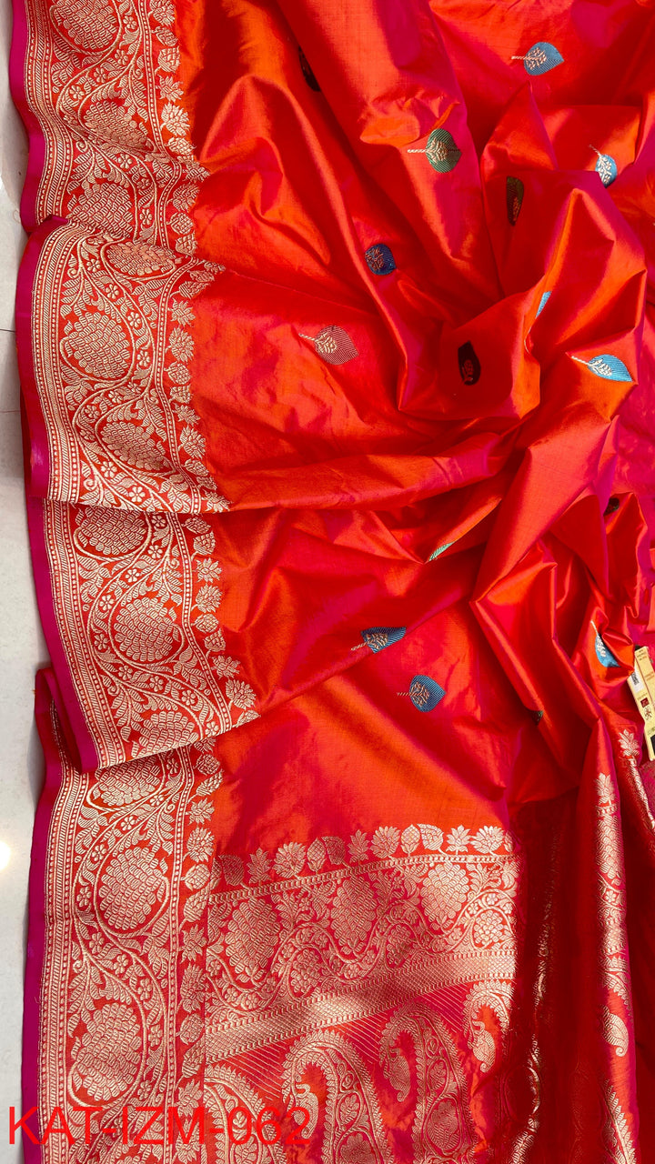 Pure Katan Silk Saree With Antique Zari Work Saree With Meena work.