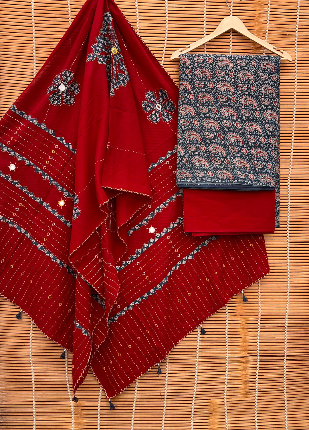 Pure Cotton Azrakh Print Unstitched suit With Azrakh Hand Petchwork ,kanth Work Dupatta.
