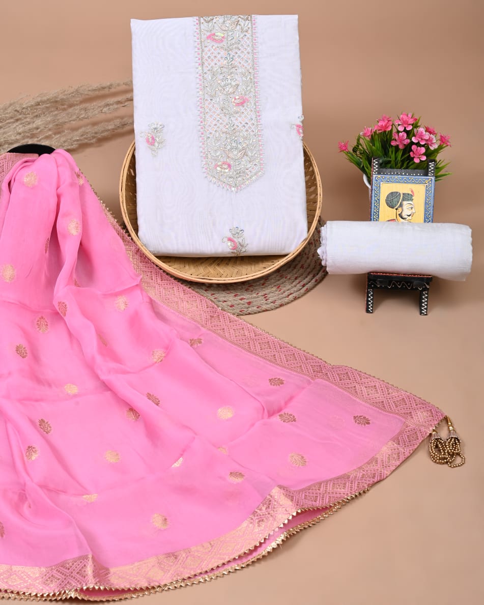 Pure Chanderi Silk Hand Work Unstitched Suit With Dhola Silk Dupatta.