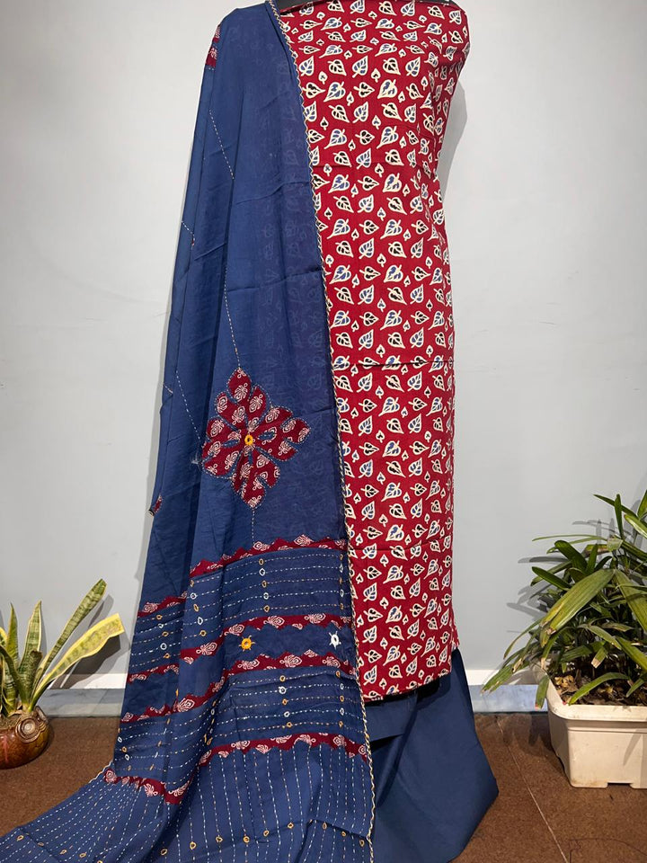 Pure Cotton Azrakh Print Unstitched suit With katha work Dupatta