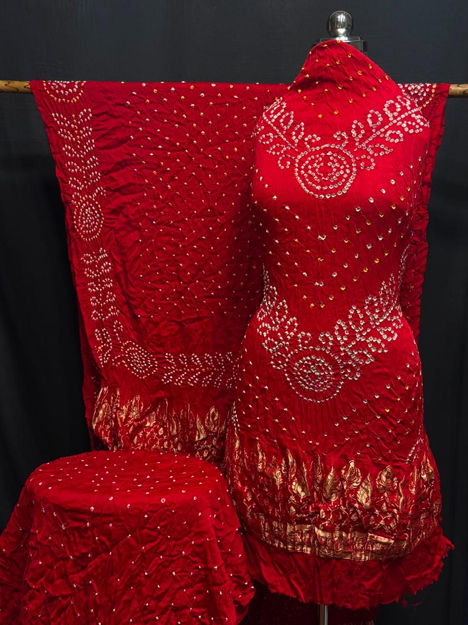 Premium Pure Modal Silk Rayi Bandhej 3-Piece Suit with Heavy Tissue Pallu Dupatta