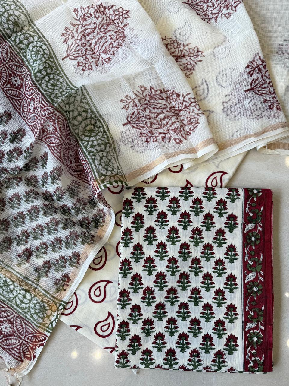 Pure Cotton Hand block print Unstitched Suit with Kota Dupatta