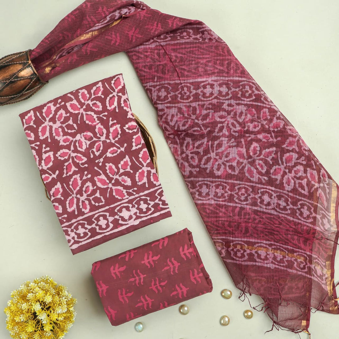 Pure Cotton Hand block print Unstitched Suit with Kota Dupatta .