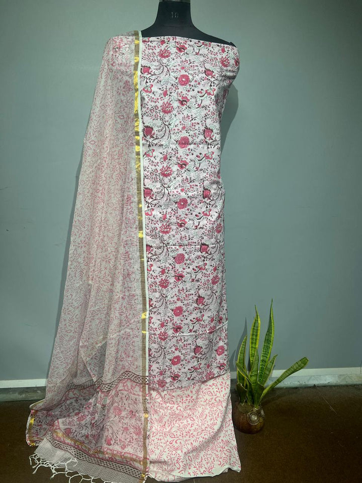 Pure Cotton Hand Block Print Unstitched Suit With Kota Dupatta