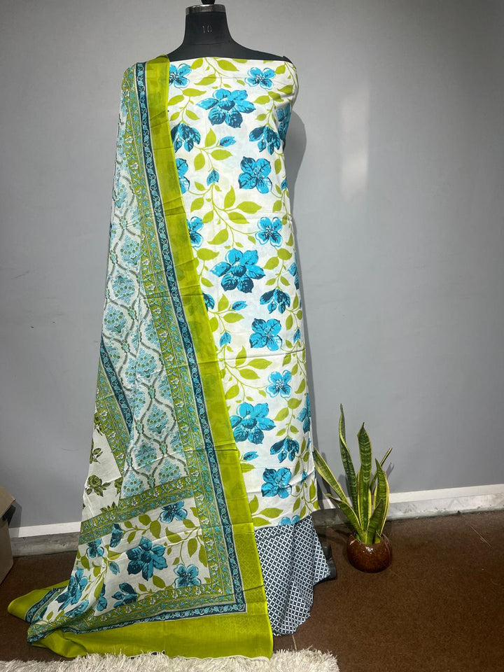 Pure Cotton Hand Block Print Unstitched Suit With Cotton Dupatta