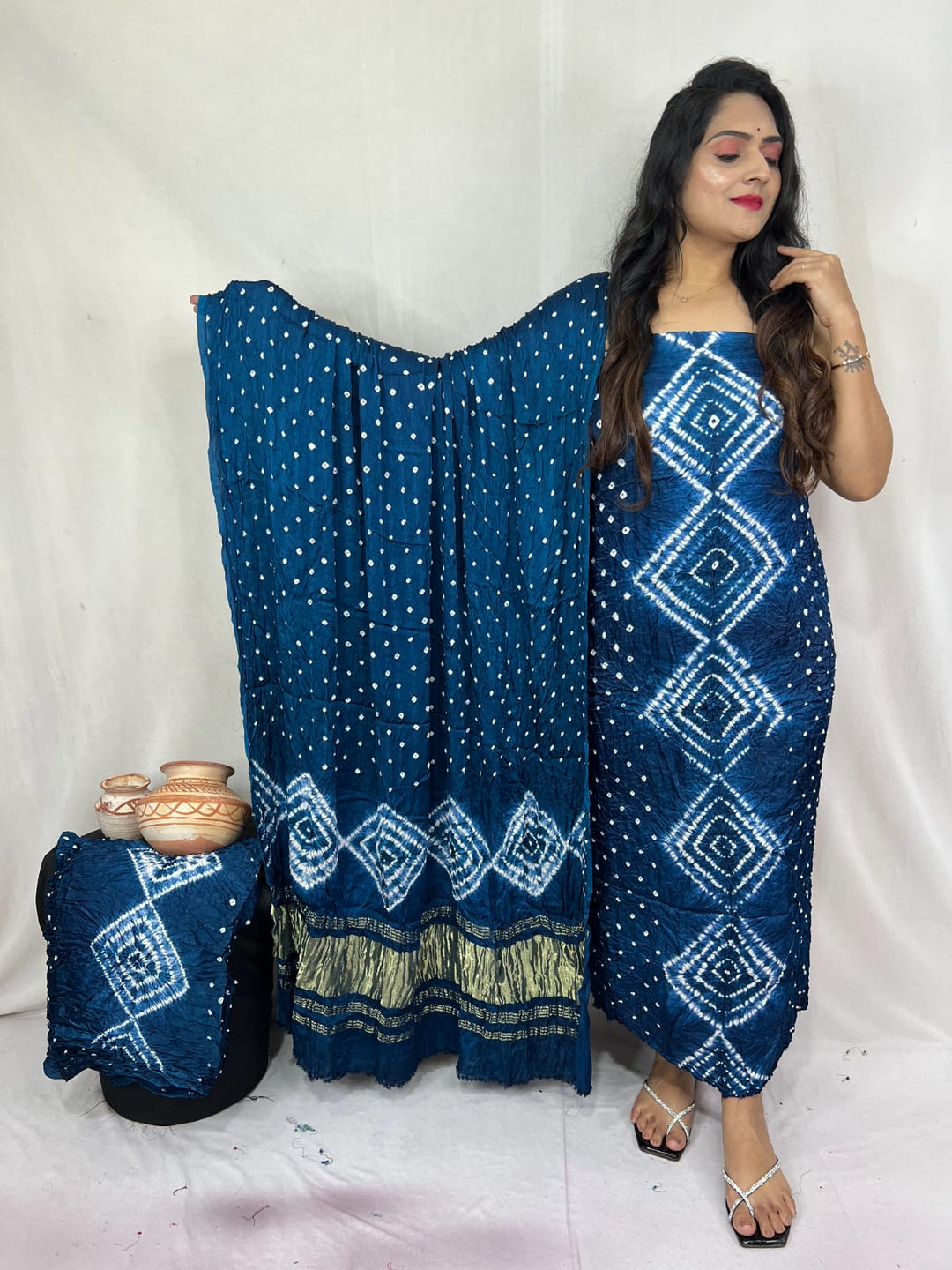 Pure Modal Silk Ajrakh Hend Block Zari Pallu Weaved 3pc Unstitched Suit .