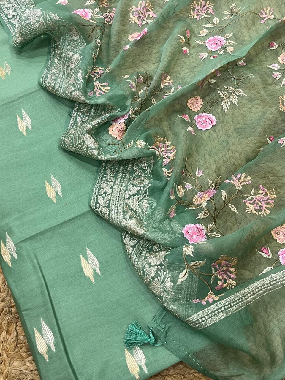 Pure Banarasi Resham Chanderi Silk Unstitched Suit With Organza Dupatta