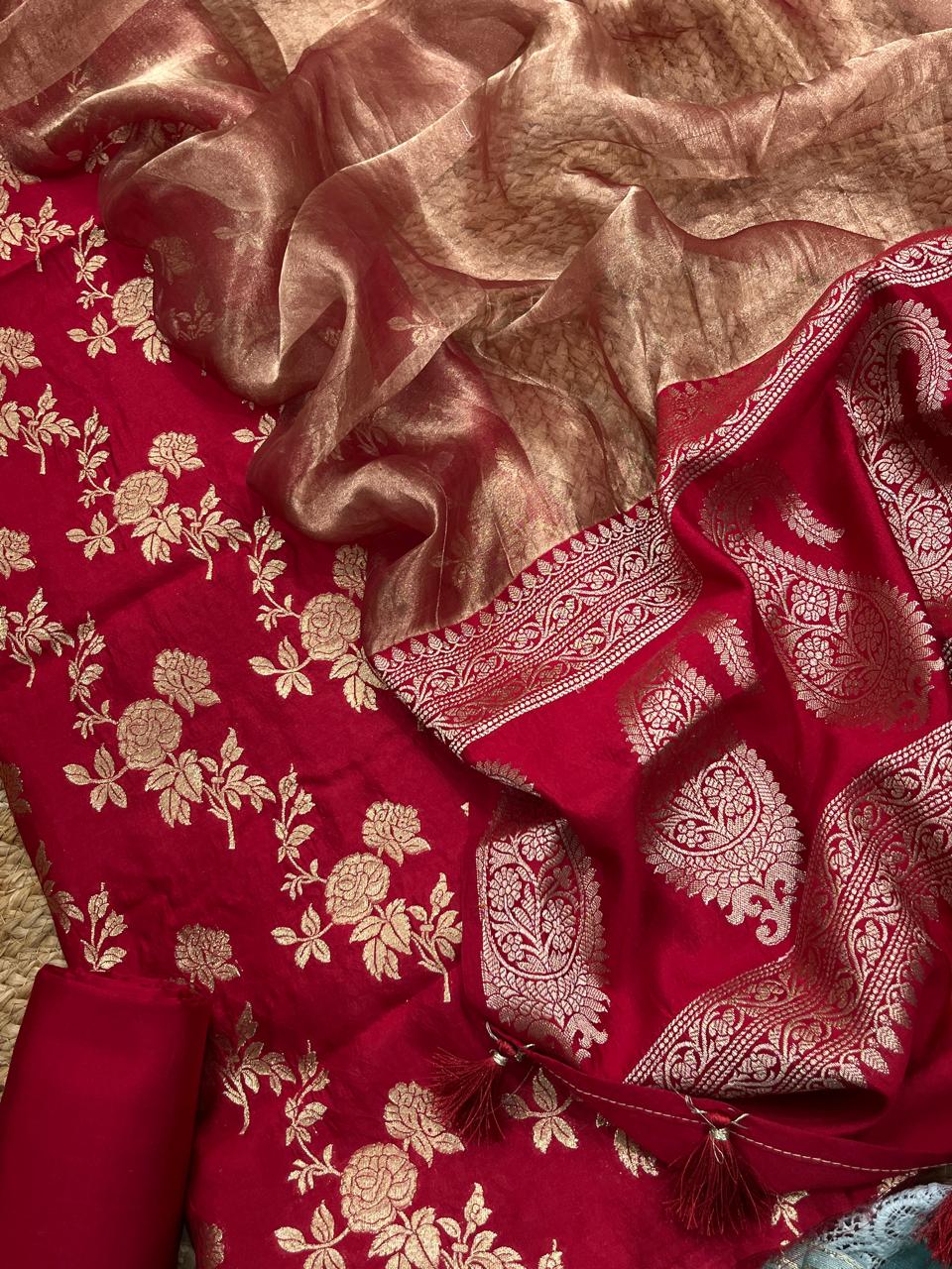 Pure Banarasi Chiniya Silk Zari Weaved Unstitched Suit With Chiniya Silk Tissue Zari work Dupatta.