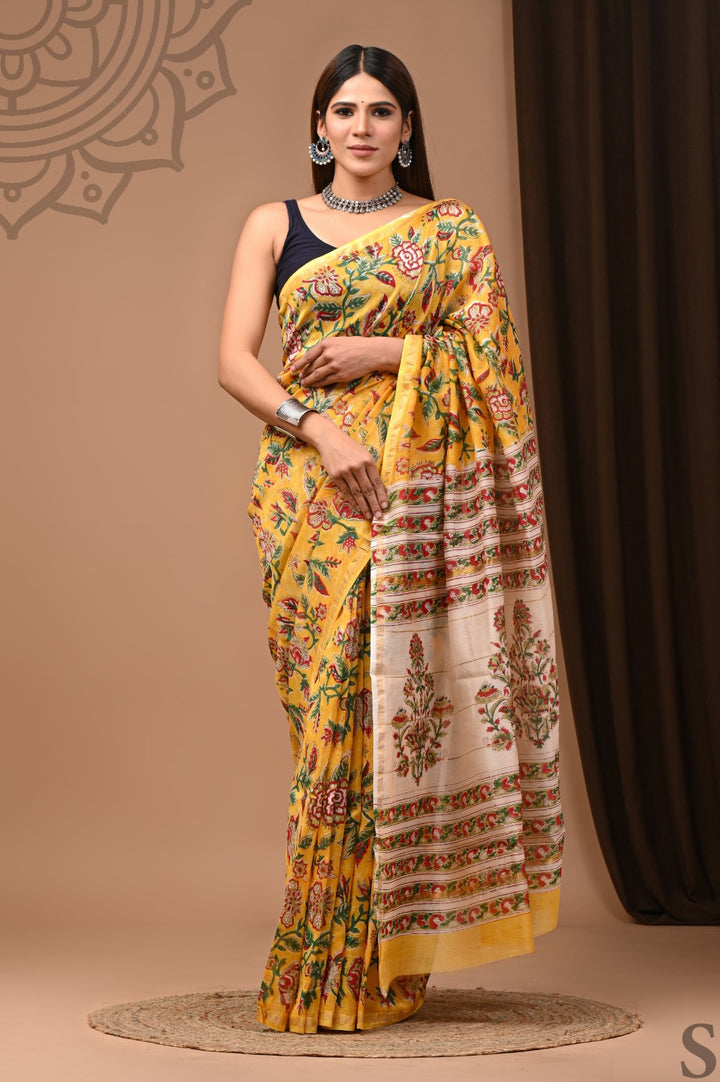 Hand Block Print Pure Chanderi Saree With Blouse