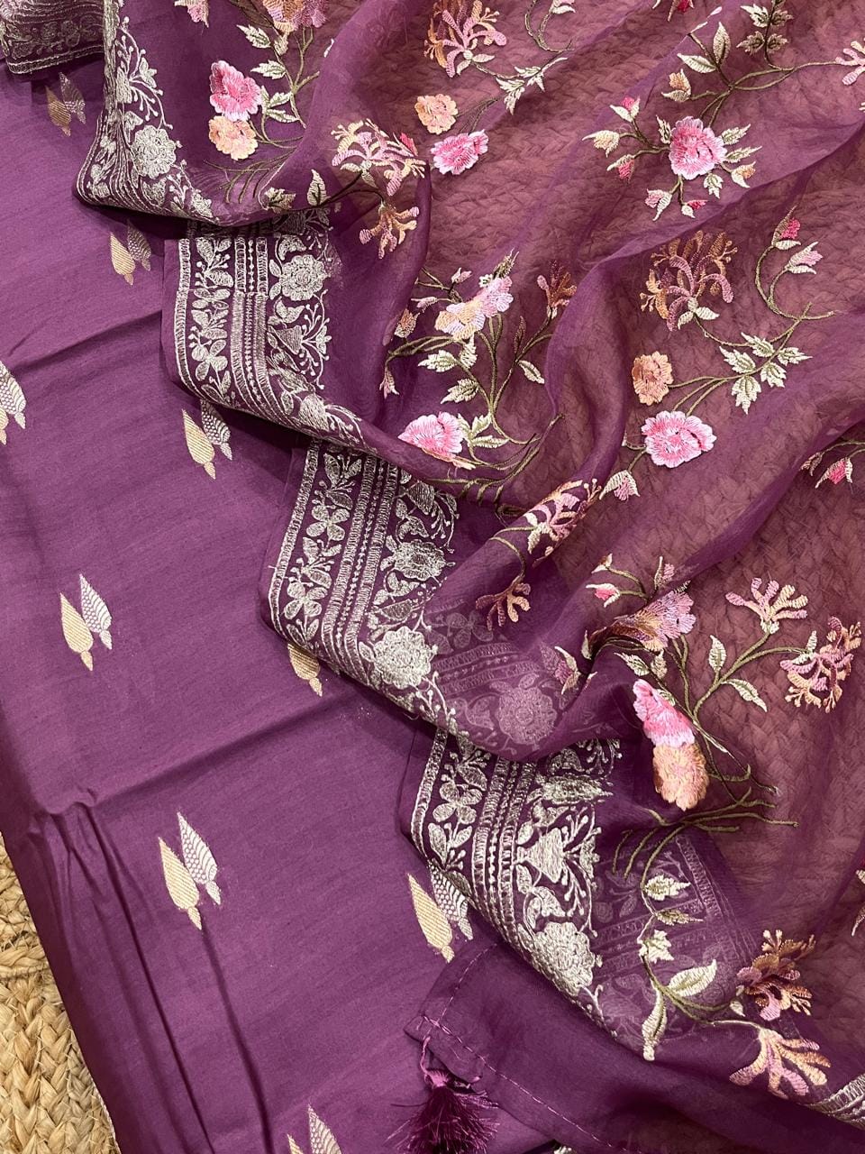Pure Banarasi Resham Chanderi Silk Unstitched Suit With Organza Dupatta