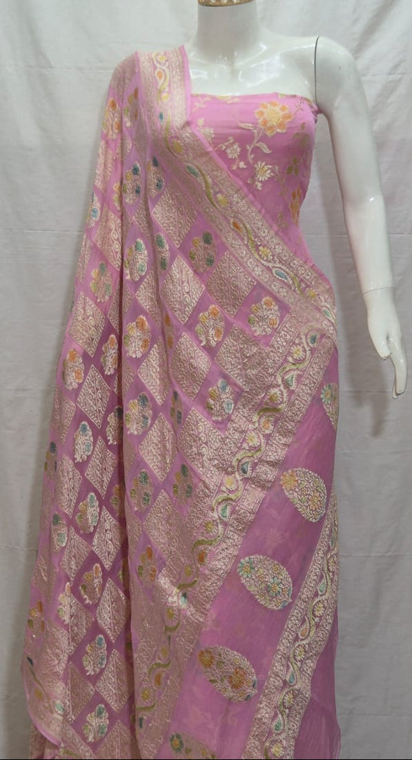 Pure Khaddi Chiffon Unstitched Suit With Water Zari Work.