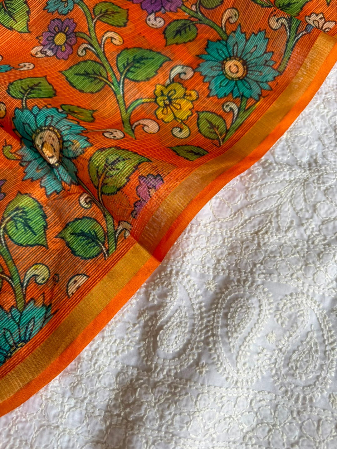 Pure Cotton Chikankari Hand Work Unstitched suit With Kalmkari Kota Doriya Dupatta.(without bottom)