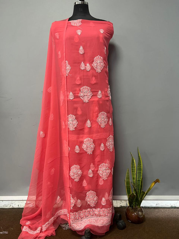 Pure Chiffon Georgette Chikankari Hand Embroidery Unstitched Suit