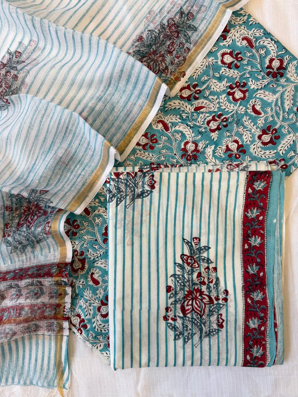 Pure Cotton Hand block print Unstitched Suit with Kota Dupatta