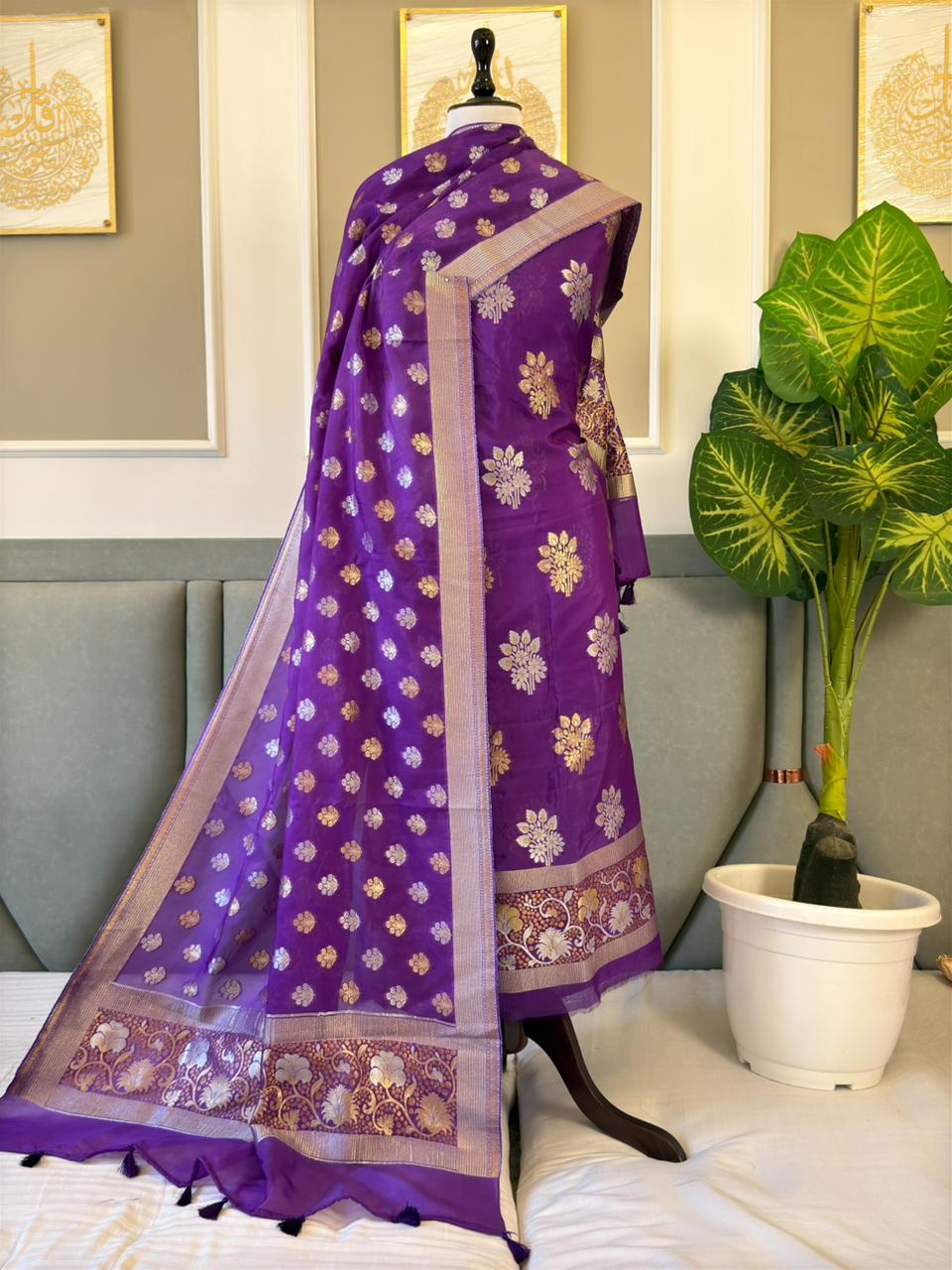 Pure Banarasi Tasser Silk Work Unstitched Suit