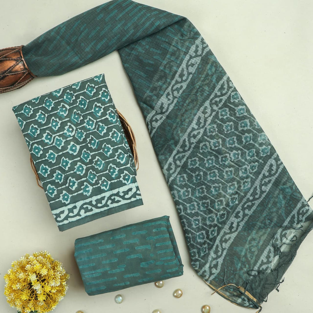 Pure Cotton Hand block print Unstitched Suit with Kota Dupatta .