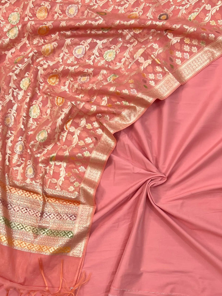 Banarasi Cotton Silk Plan Unstitched Suit With Chanderi Lorex Full jaal Dupatta.