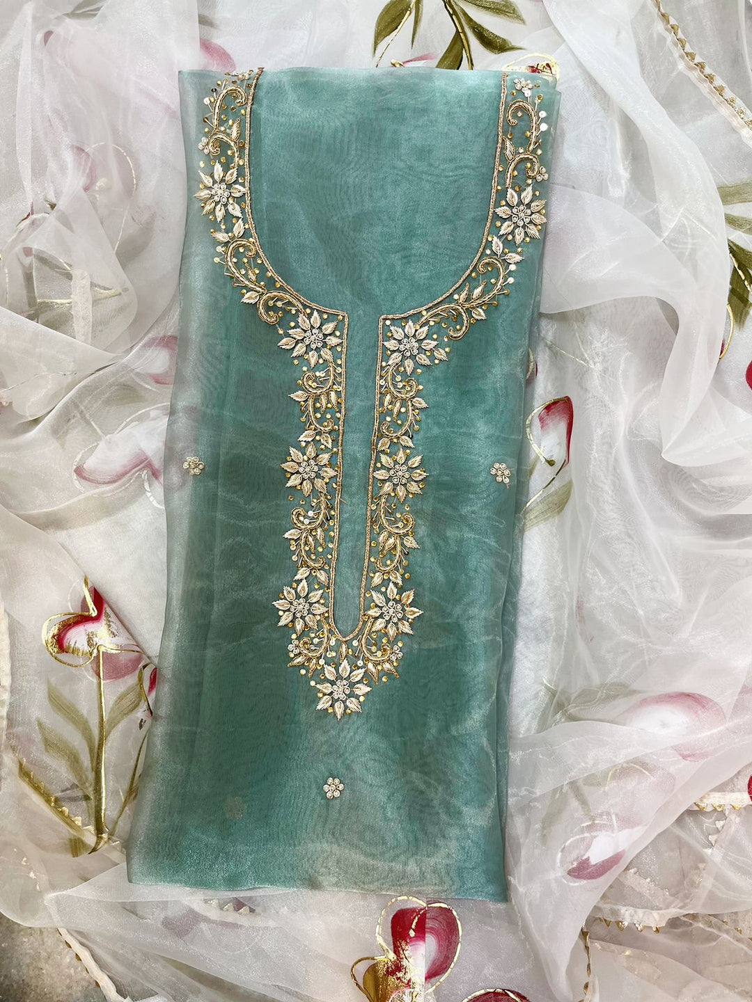 Organza Hand Zardosi work unstitched kurta with Organza Brush Print Dupatta.