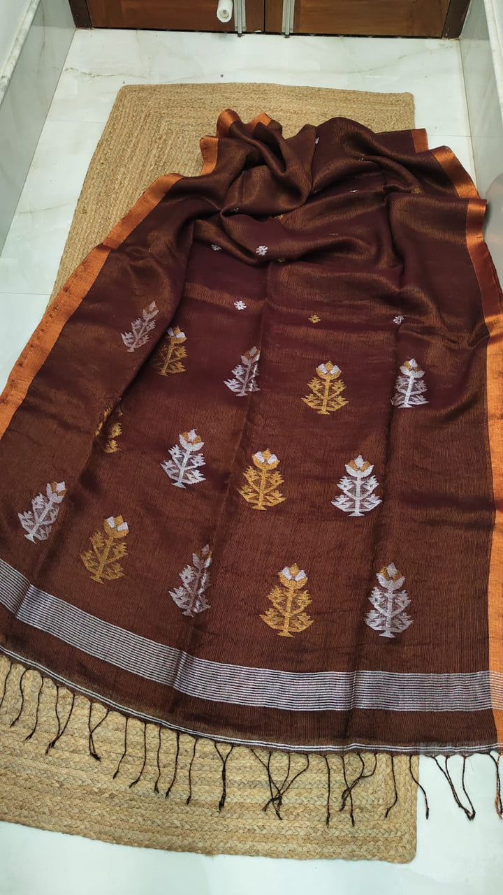 Pure Linen Tissue jamdani Saree With Blouse.