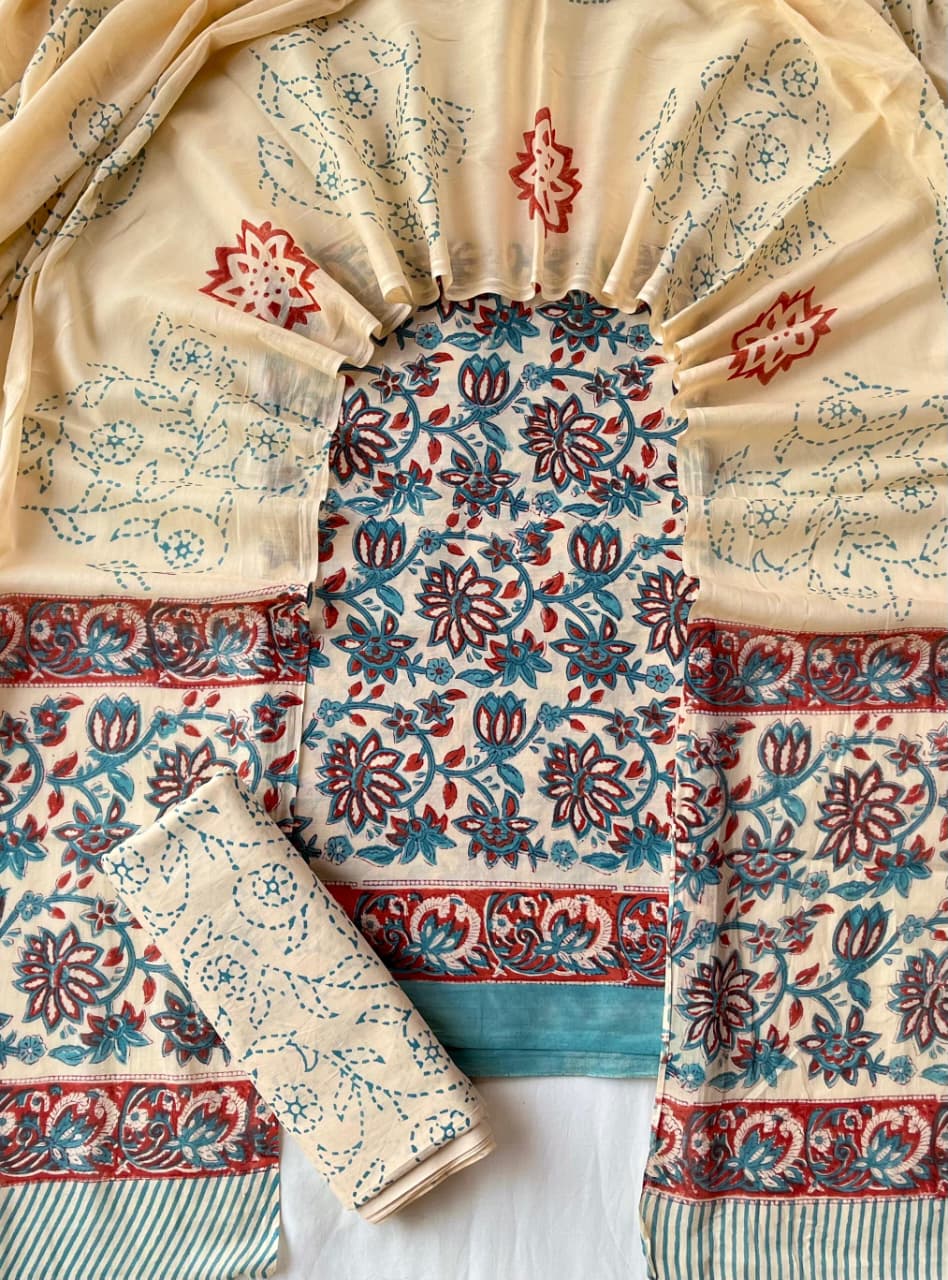 Pure Cotton Hand Block Print Unstitched Suit With Cotton Dupatta