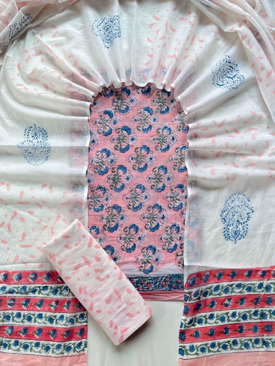 Pure Cotton Hand Block Print Unstitched Suit With Cotton Dupatta